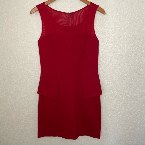Guess Sleeveless Mini Dress Women’s L Red Peplum Bodycon Sheer Cocktail Holiday - Picture 1 of 12